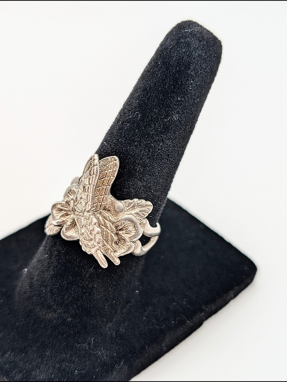 Handmade Sterling Silver Butterfly Floral Design Ring - Picture 2 of 7